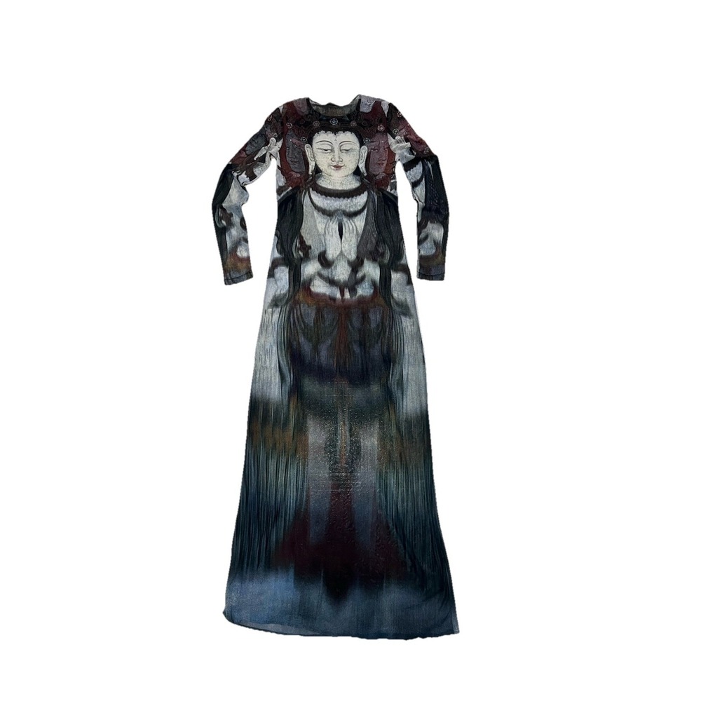 RARE 1997 VIVIENNE TAM CACHÉ SHEER MESH MAXI QUAN YIN PRINT BUDDHA L/S DRESS - Picture 4 of 10